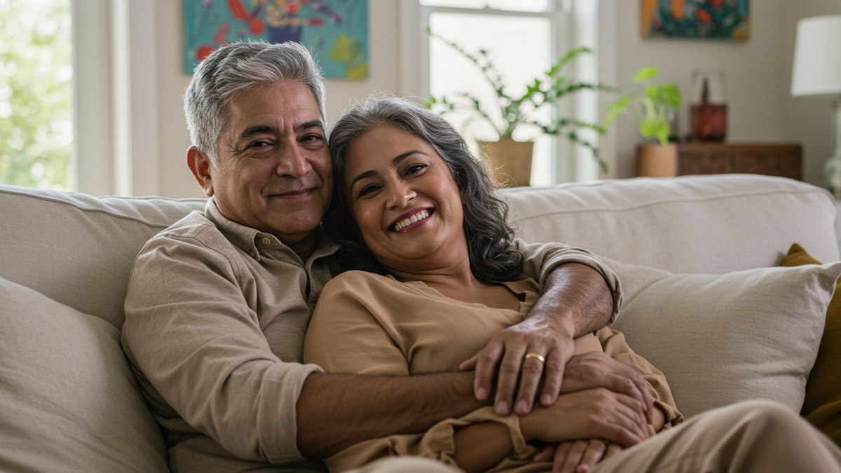 Pareja de adultos mayores sonriendo juntos en la sala de su casa